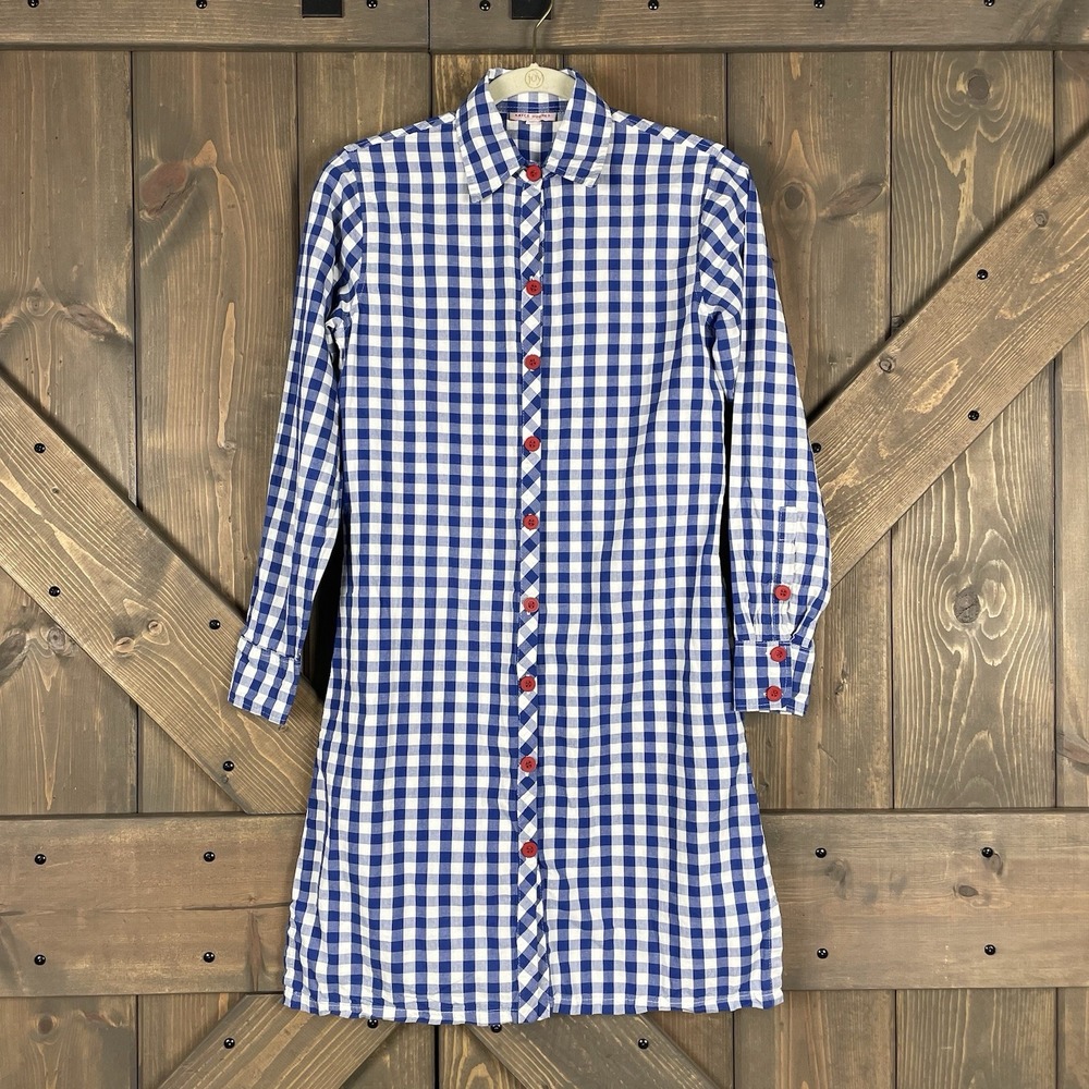 Kayce Hughes Blue and White Gingham Shirt Dress Knee Length Long Sleeves Size 2